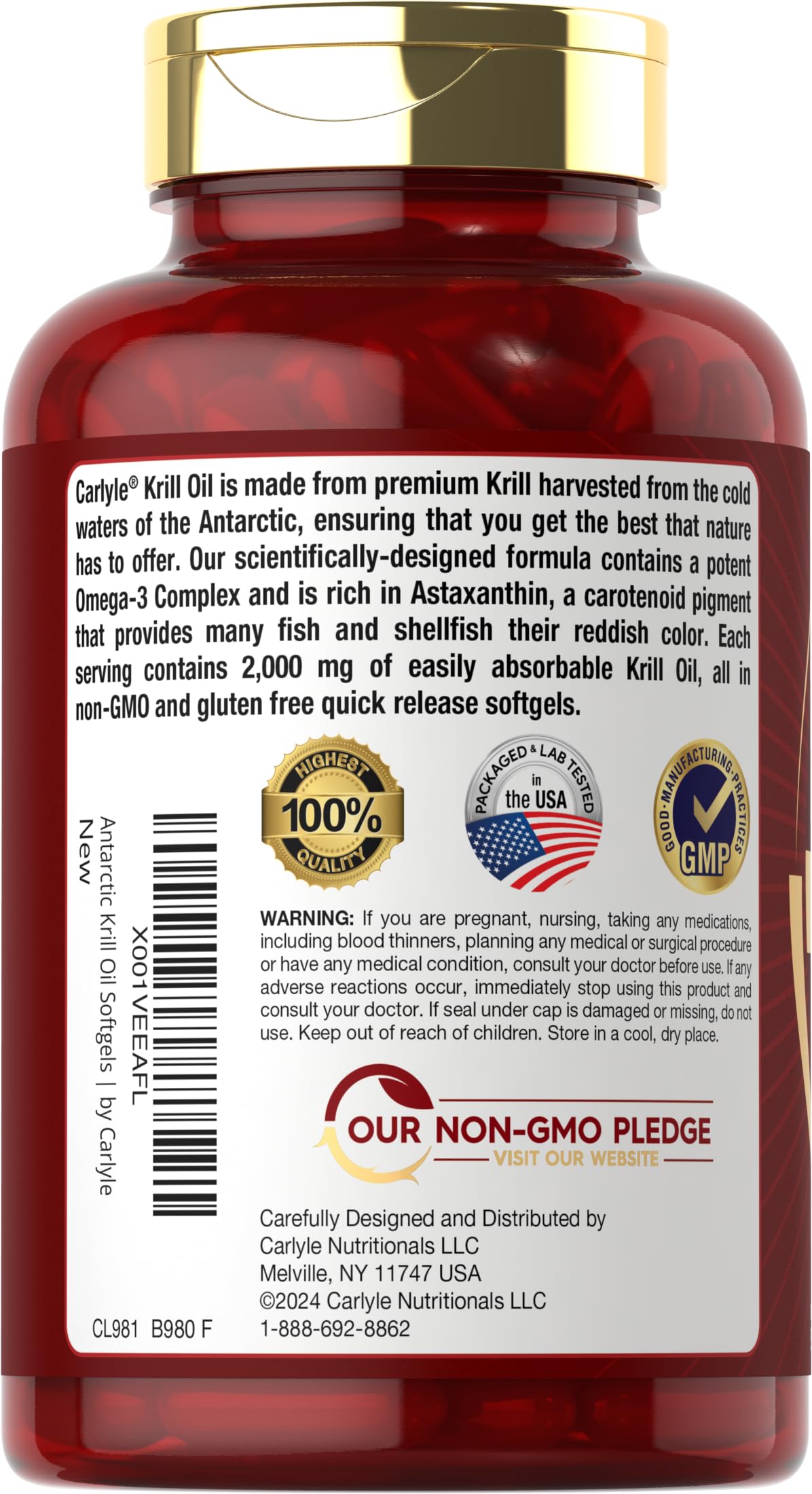 Close-up of Carlyle Krill Oil softgels