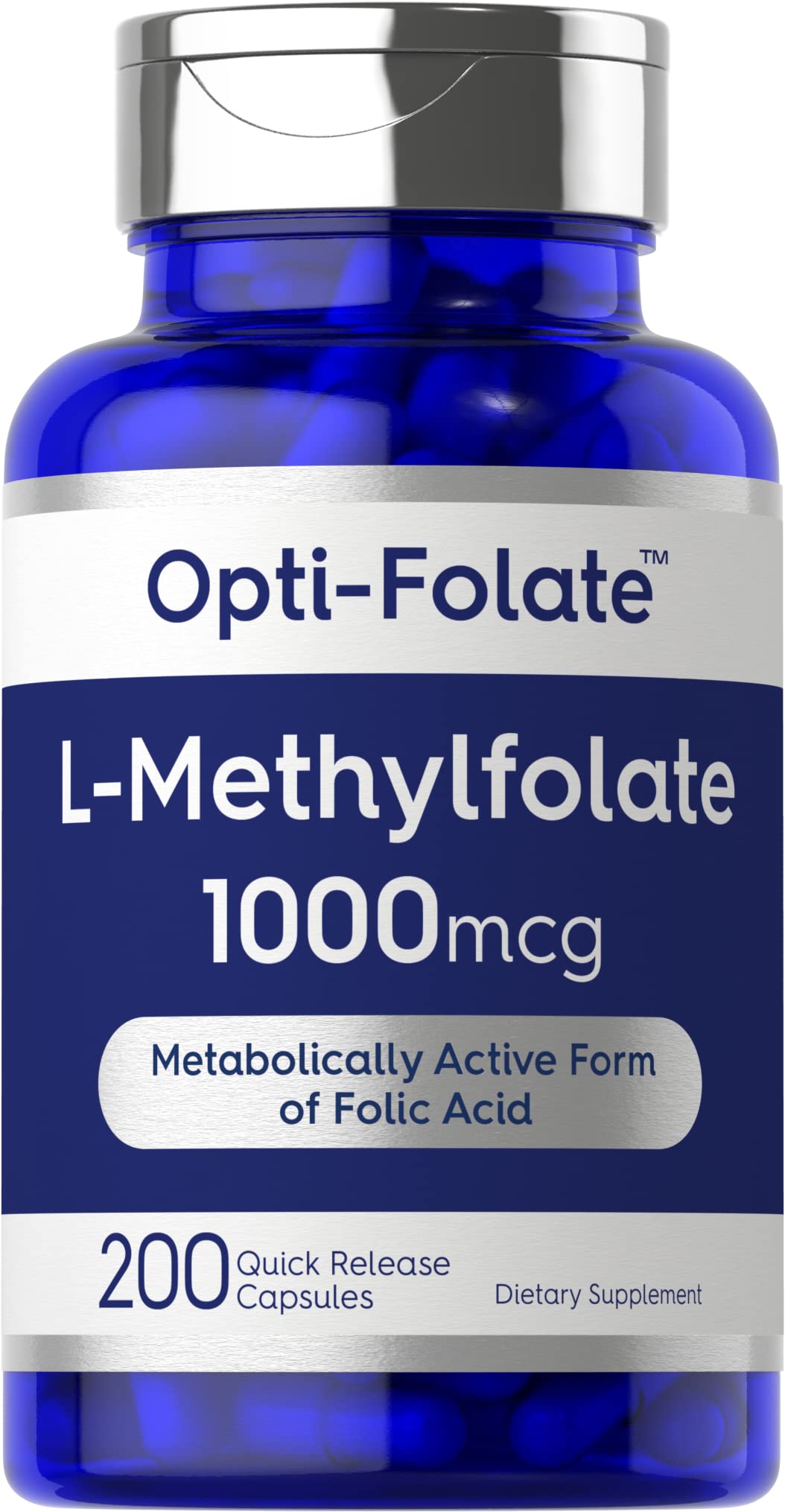 Front view of Carlyle L-Methylfolate 1000mcg bottle with 200 capsules