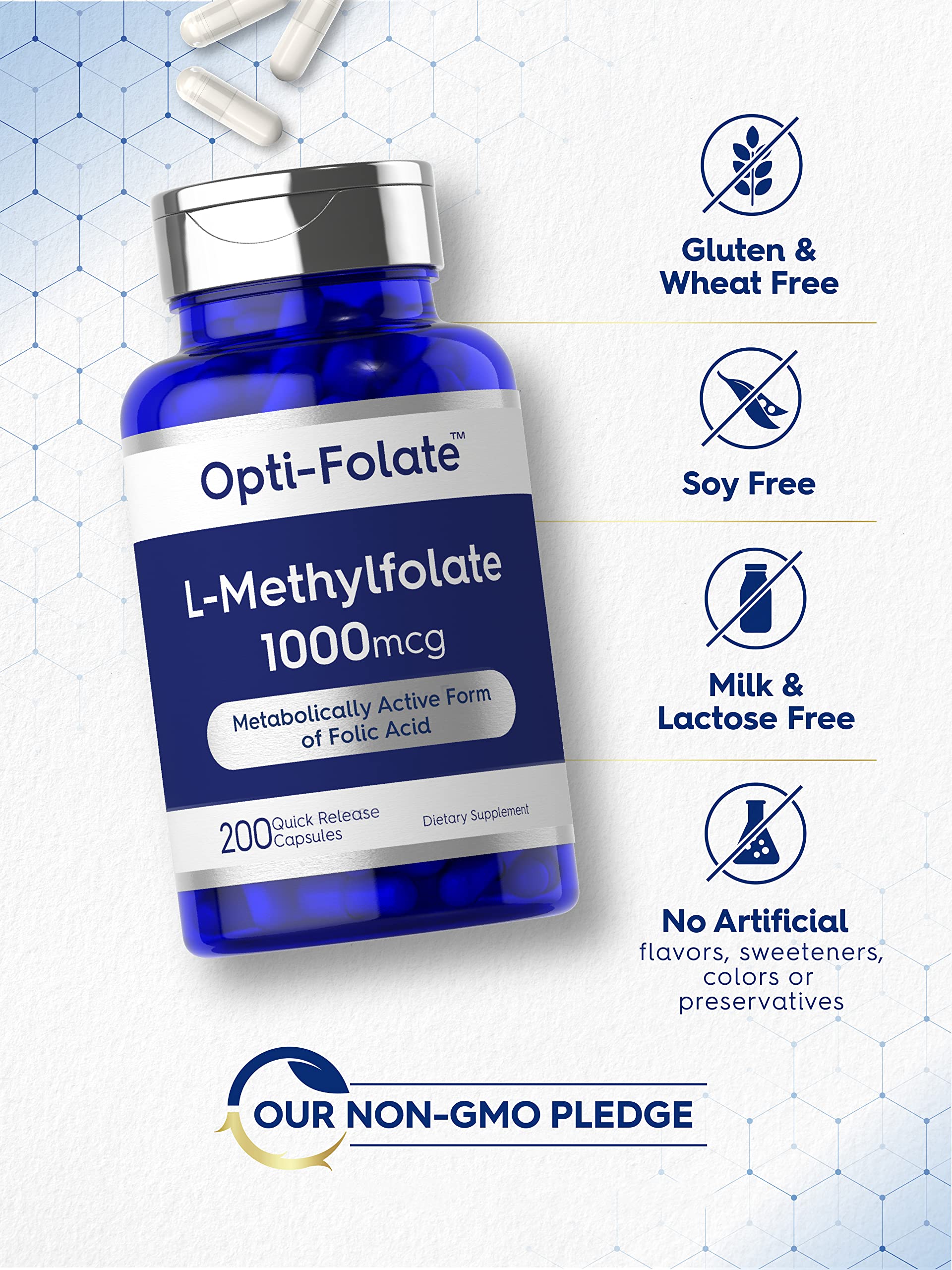 Ingredients panel of Carlyle L-Methylfolate 1000mcg bottle
