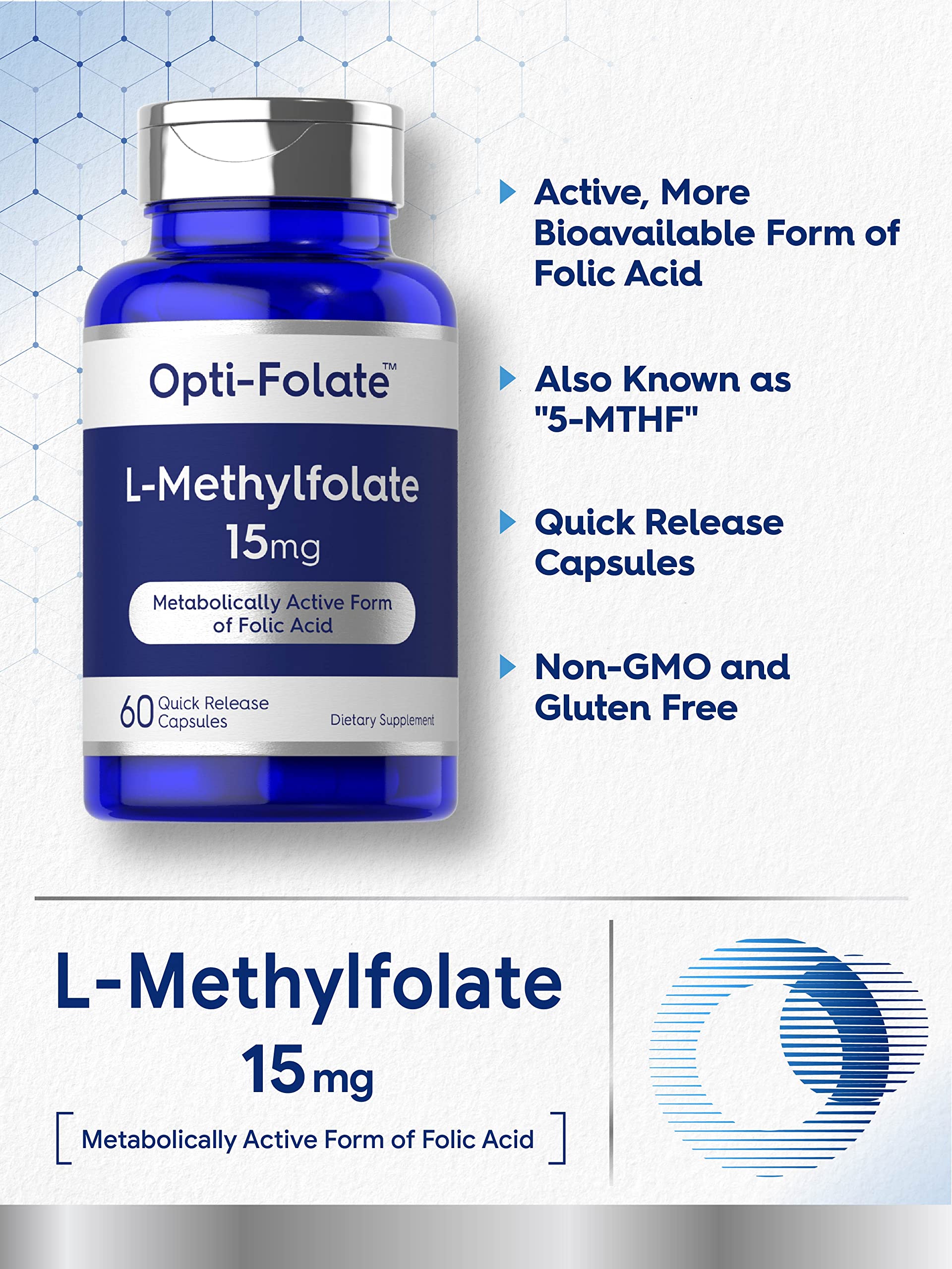 Close-up of L-Methylfolate 15mg capsules