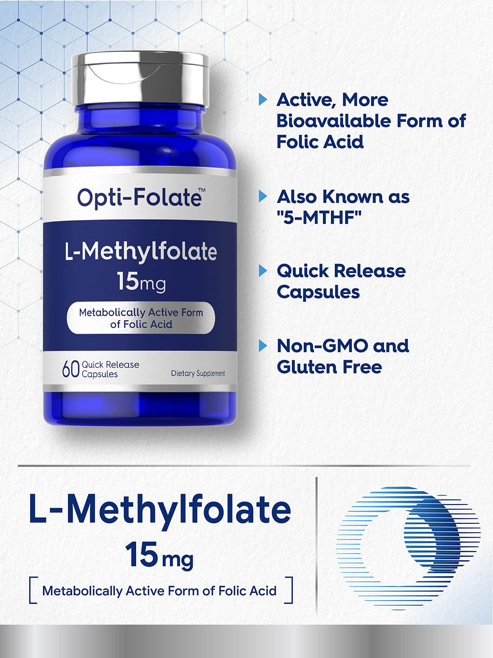 Close-up of L-Methylfolate 15mg capsules