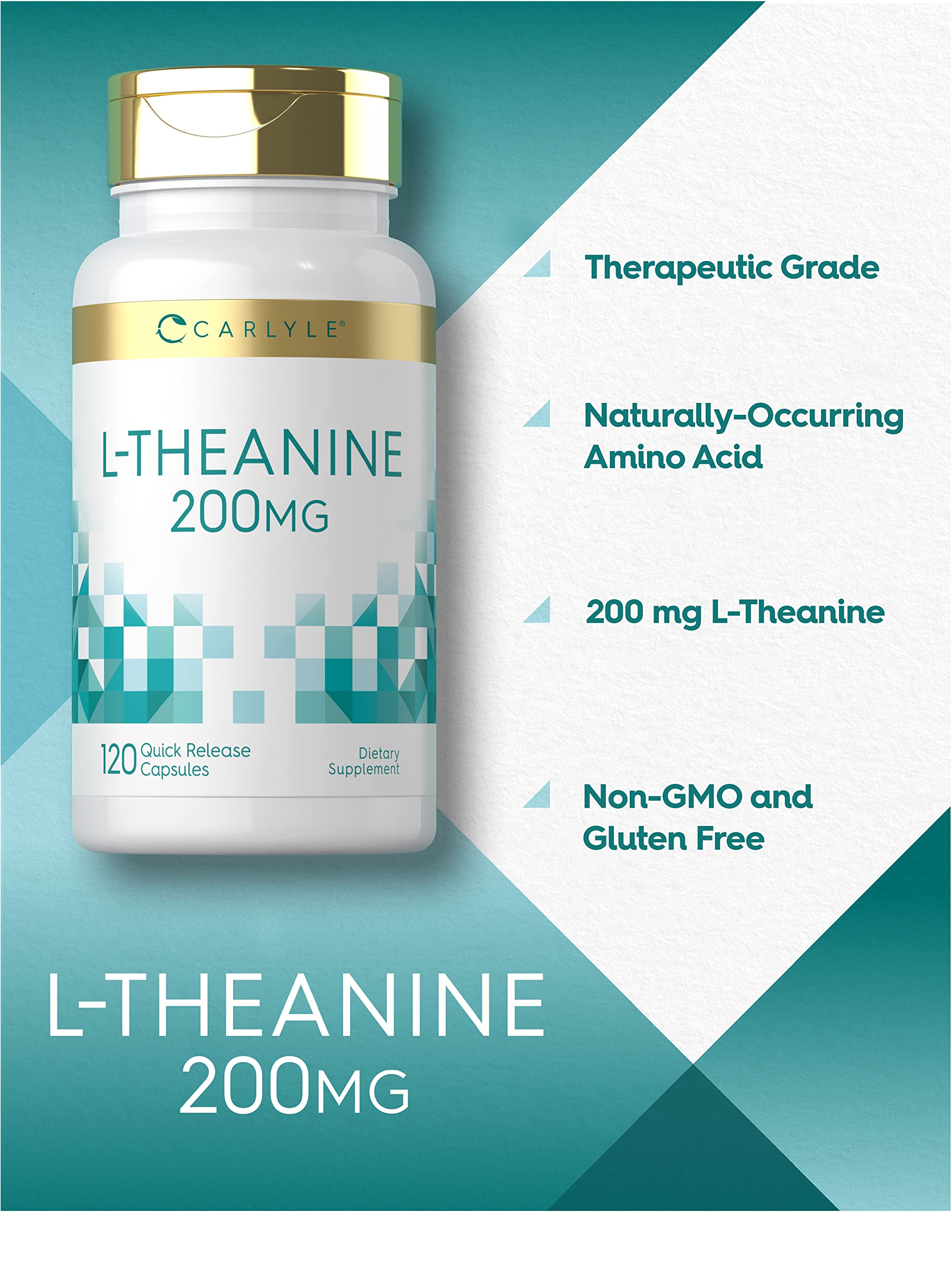 Non-GMO and Gluten Free indicators on packaging for Carlyle L-Theanine 200mg