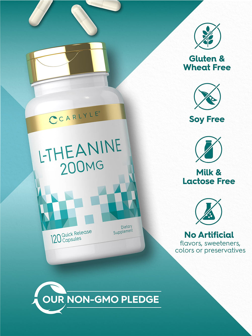 Carlyle L-Theanine 200mg bottle with label displaying 200mg per serving