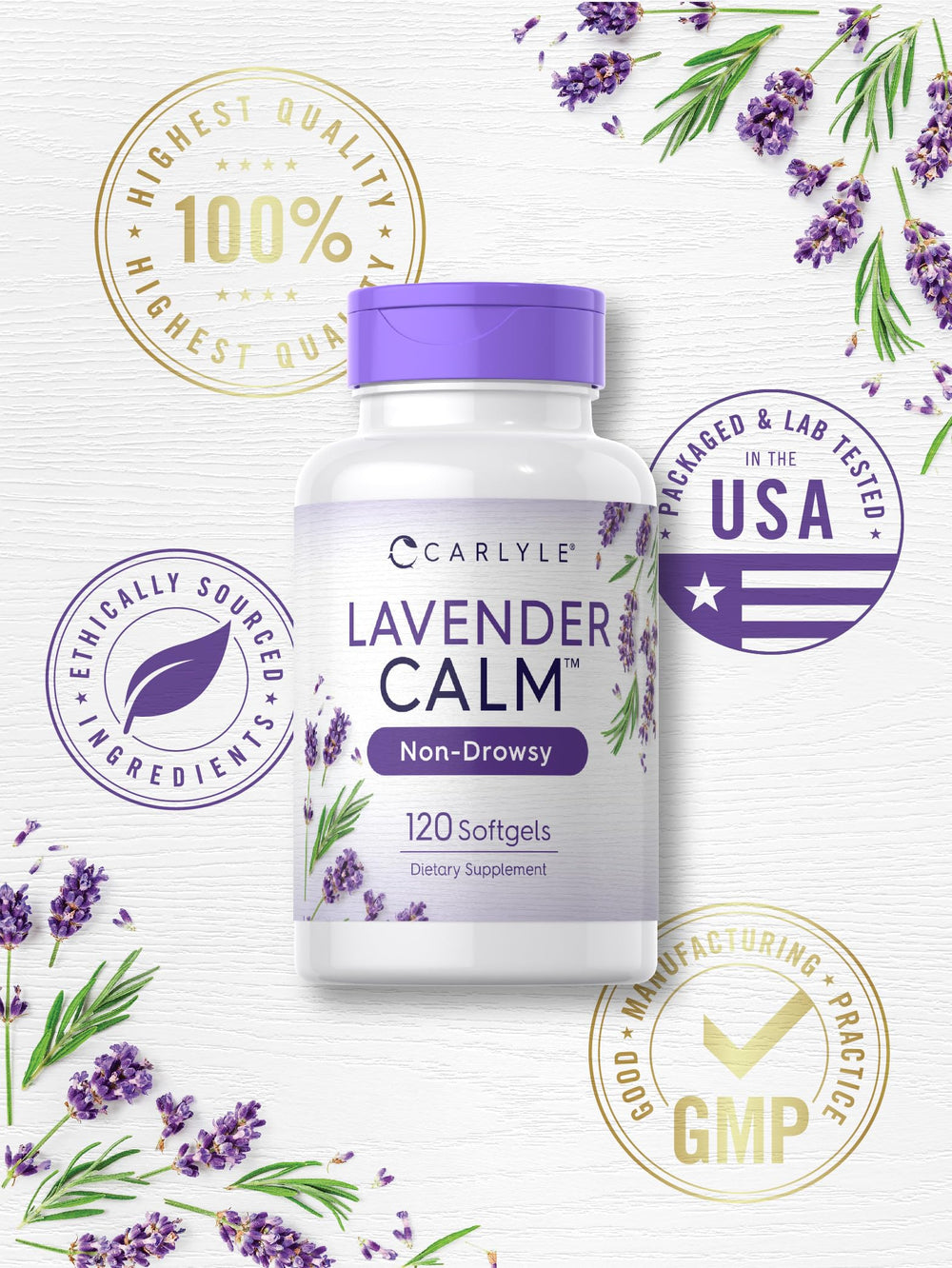 Open bottle of Carlyle Lavender Pills with softgel capsules