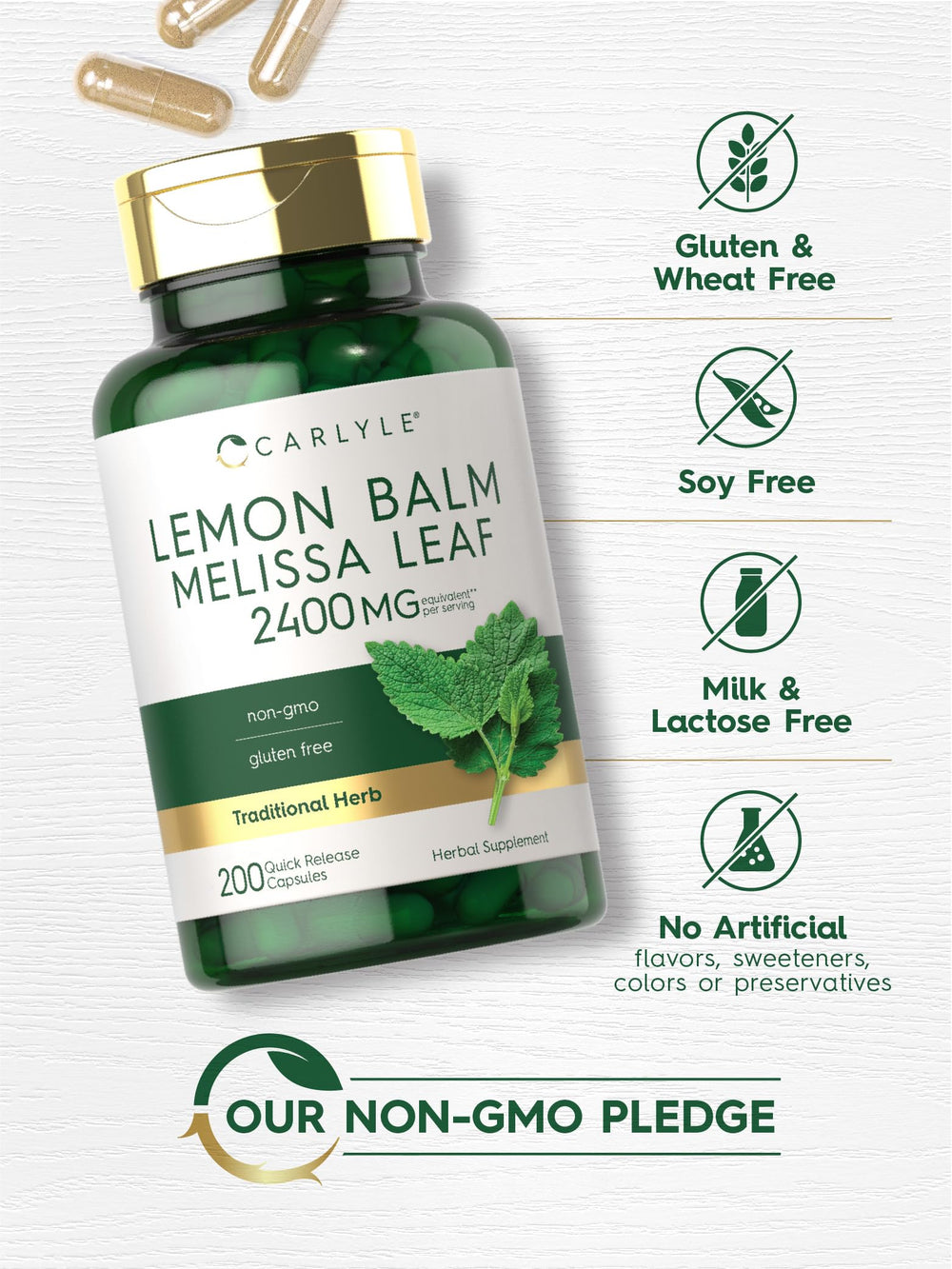 Melissa leaf imagery on Carlyle Lemon Balm label