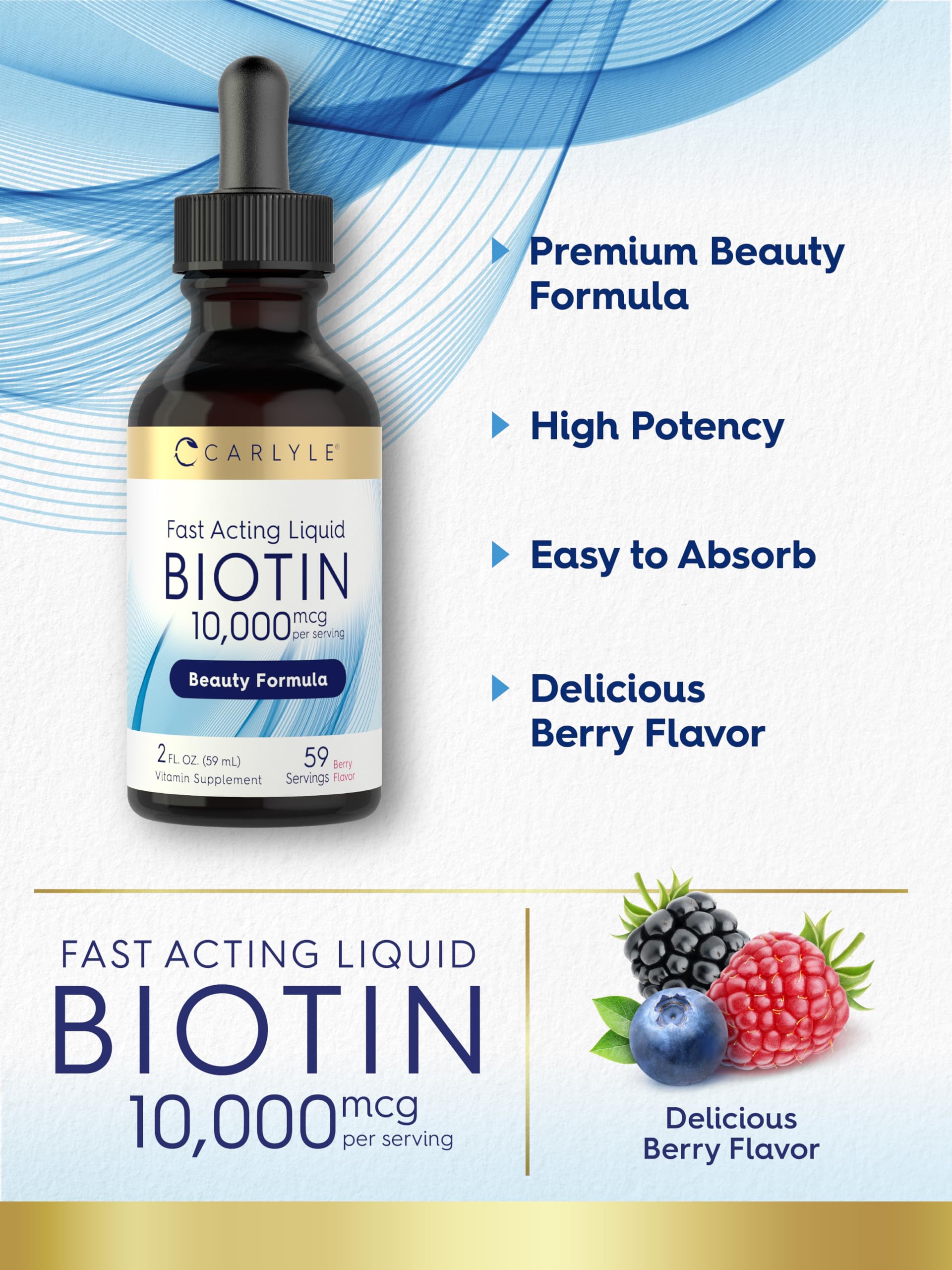 Carlyle Biotin 10000mcg Berry Drops label close-up