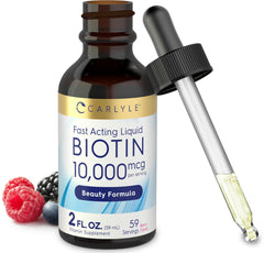 Carlyle Liquid Biotin 10000mcg bottle front with berry drops, 2oz