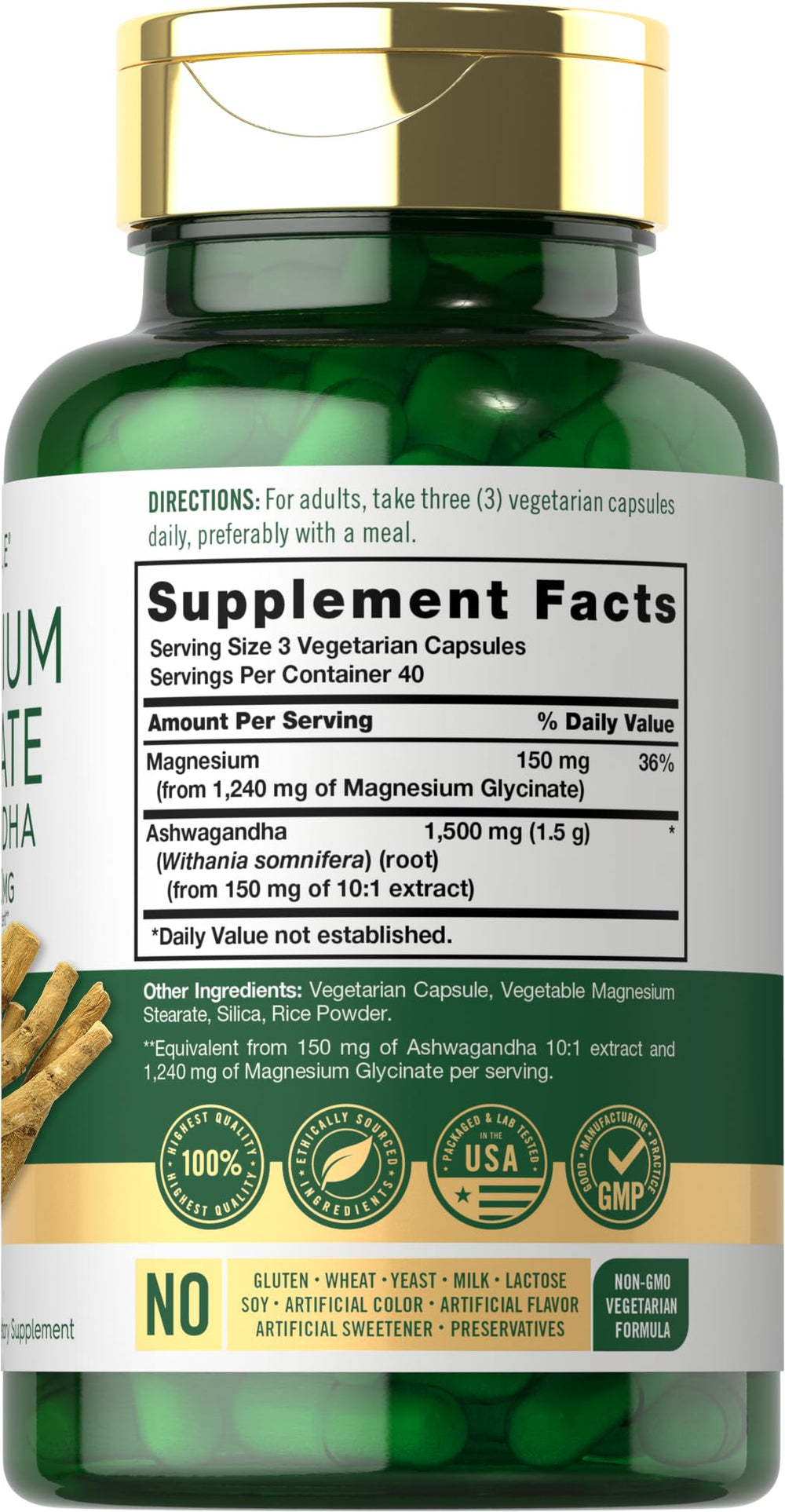 Close-up of product label showing Ashwagandha and 2,740mg complex