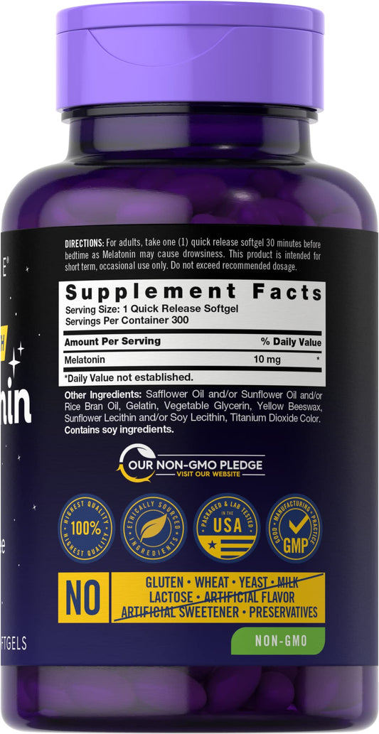 Close-up of Carlyle Melatonin 10mg softgels bottle