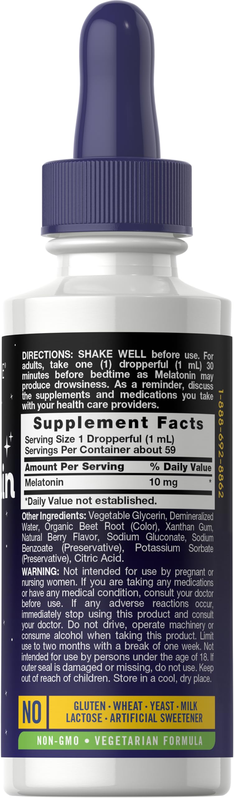 Close-up of Carlyle Melatonin Berry Liquid Drops bottle label