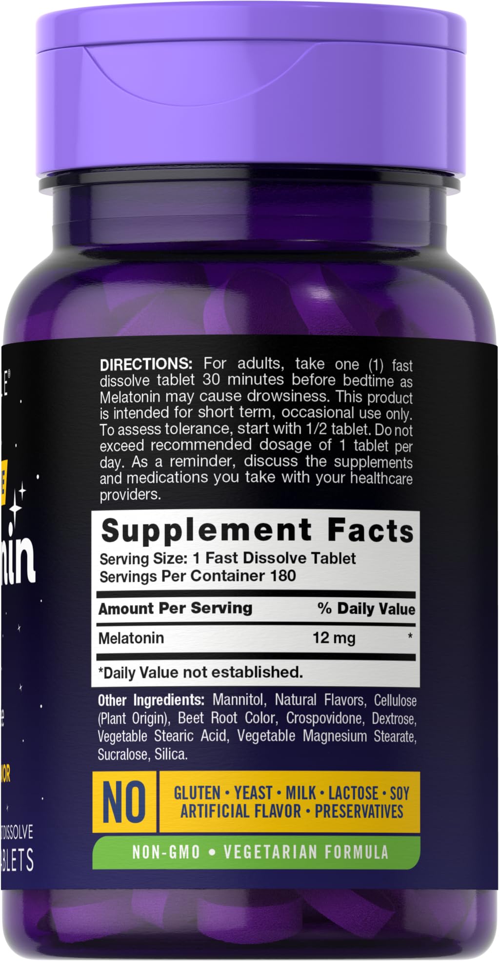 Close-up of Carlyle Melatonin 12 mg fast-dissolve berry-flavored tablets