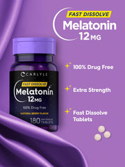 Carlyle Melatonin label showing 12 mg per tablet and ingredients
