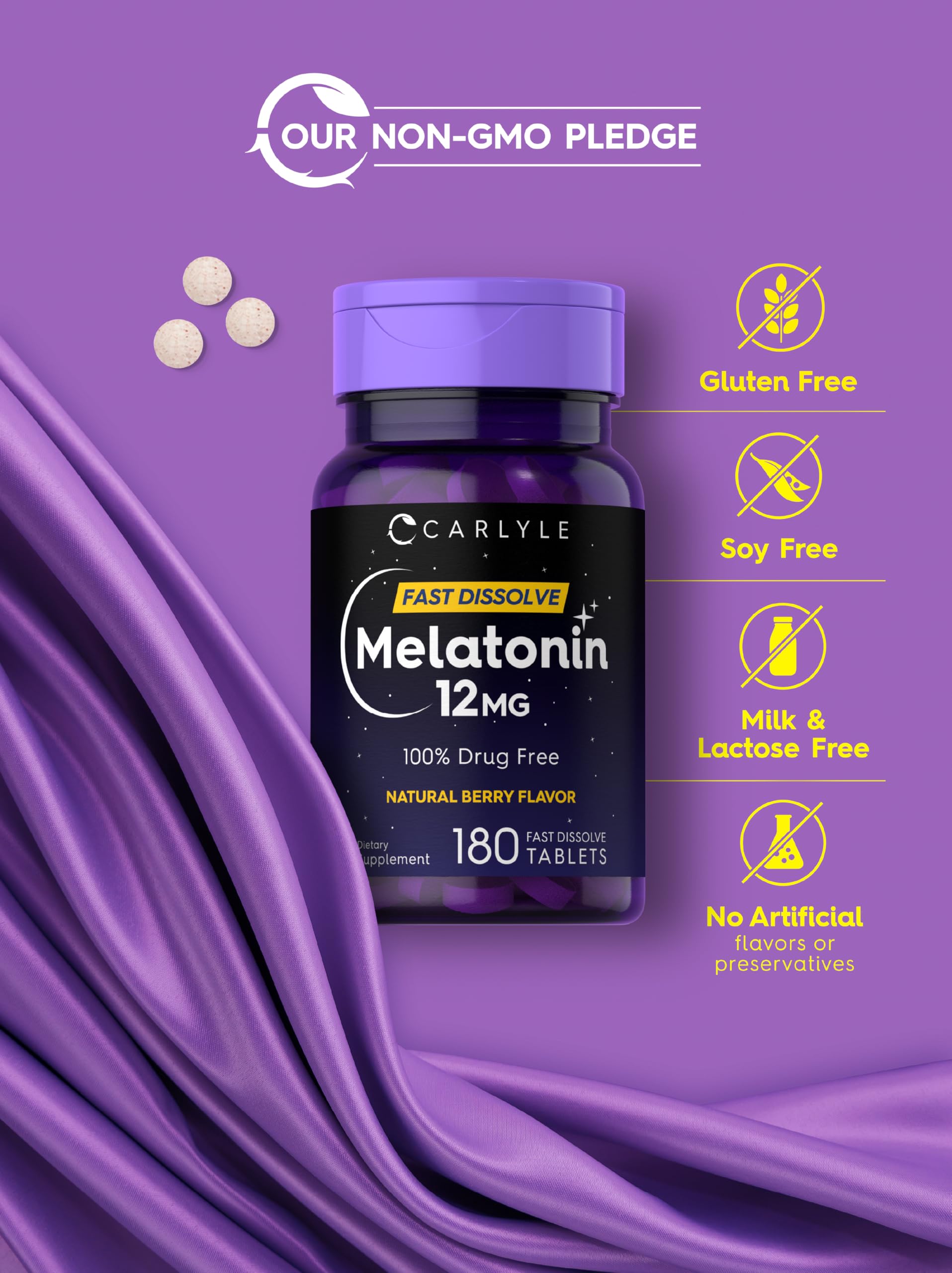 Vegetarian, non-GMO and gluten-free Carlyle Melatonin bottle