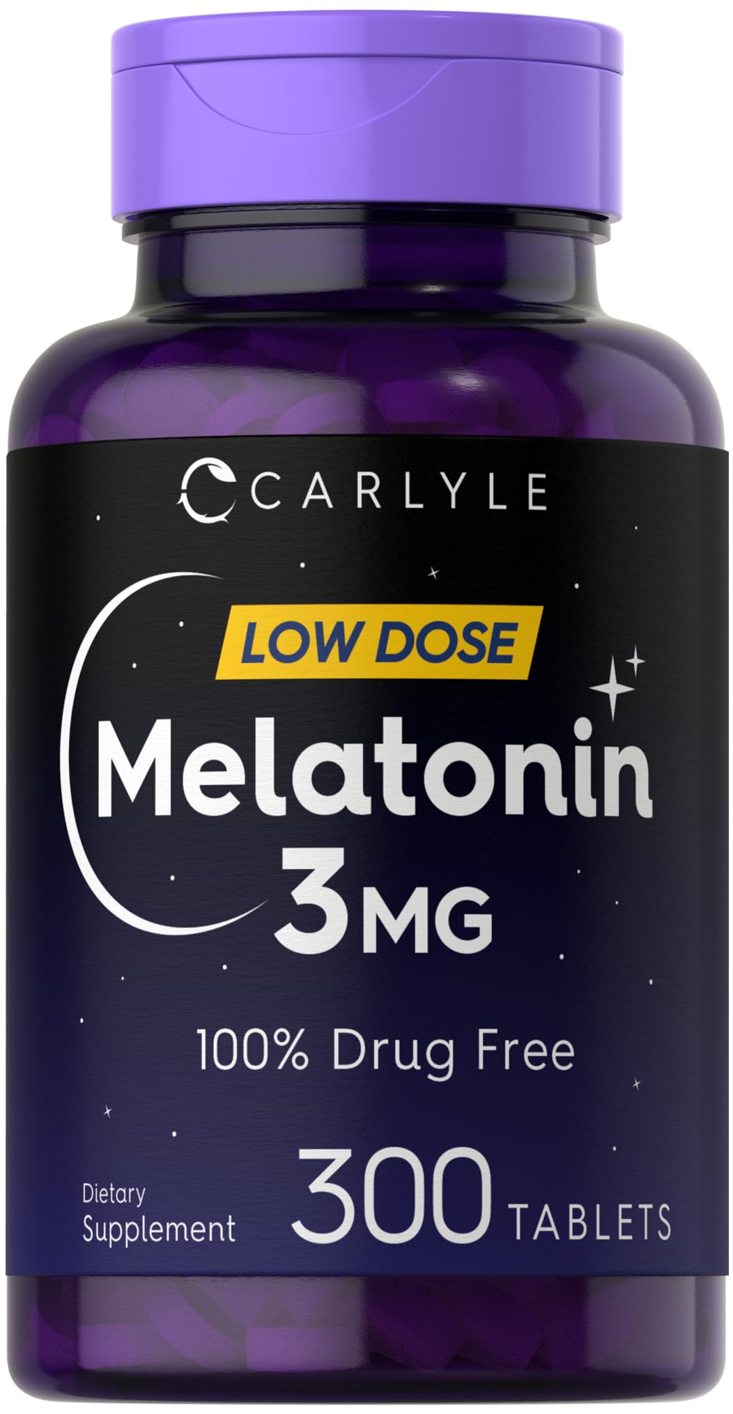 Front view of Carlyle Melatonin 3mg bottle with 300 tablets