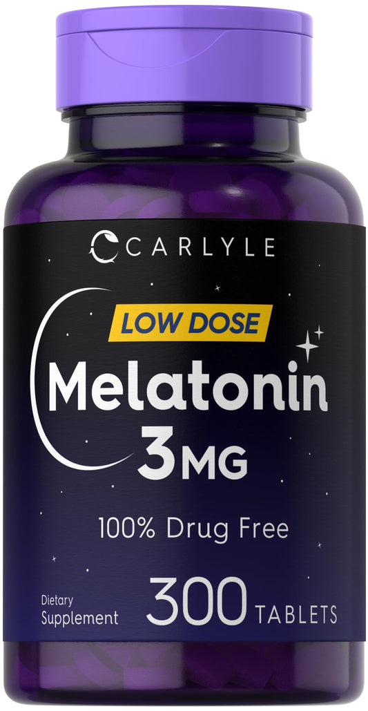 Front view of Carlyle Melatonin 3mg bottle with 300 tablets