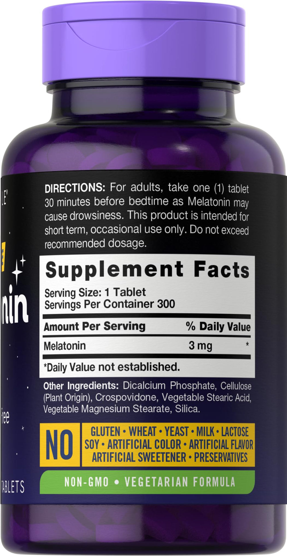 Dietary supplement chart showing melatonin 3 mg dosage