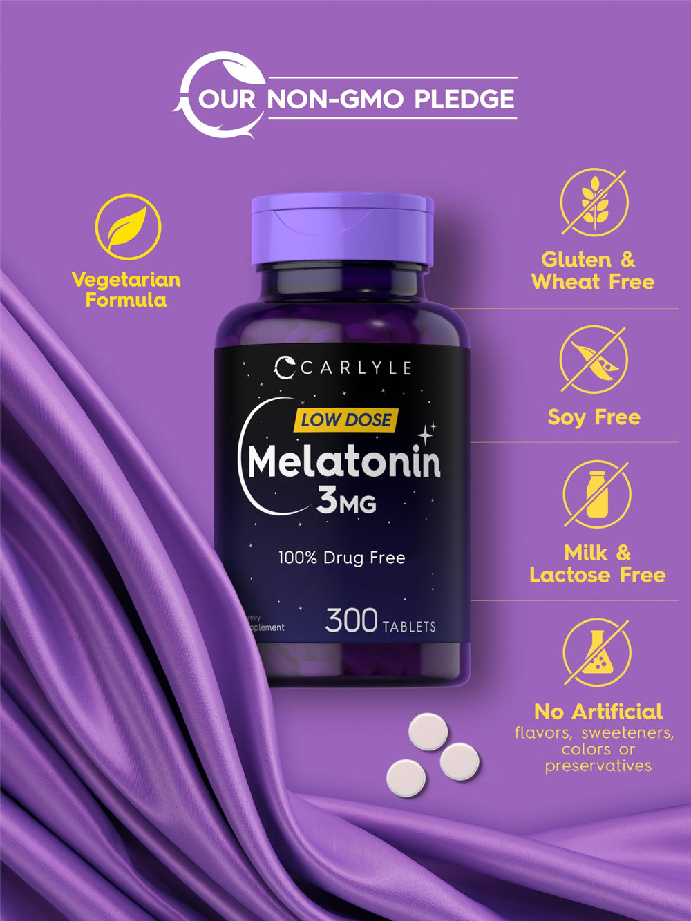 Ingredient list and quality seals for Carlyle Melatonin