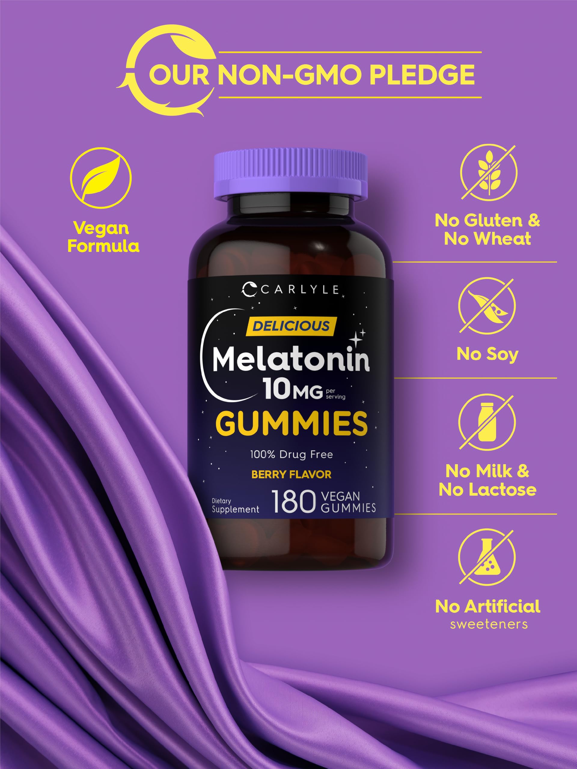 Vegan, non-GMO and gluten-free symbols for Carlyle Melatonin Gummies