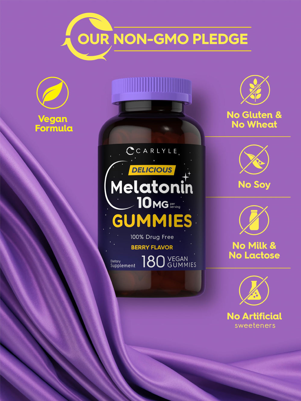 Vegan, non-GMO and gluten-free symbols for Carlyle Melatonin Gummies