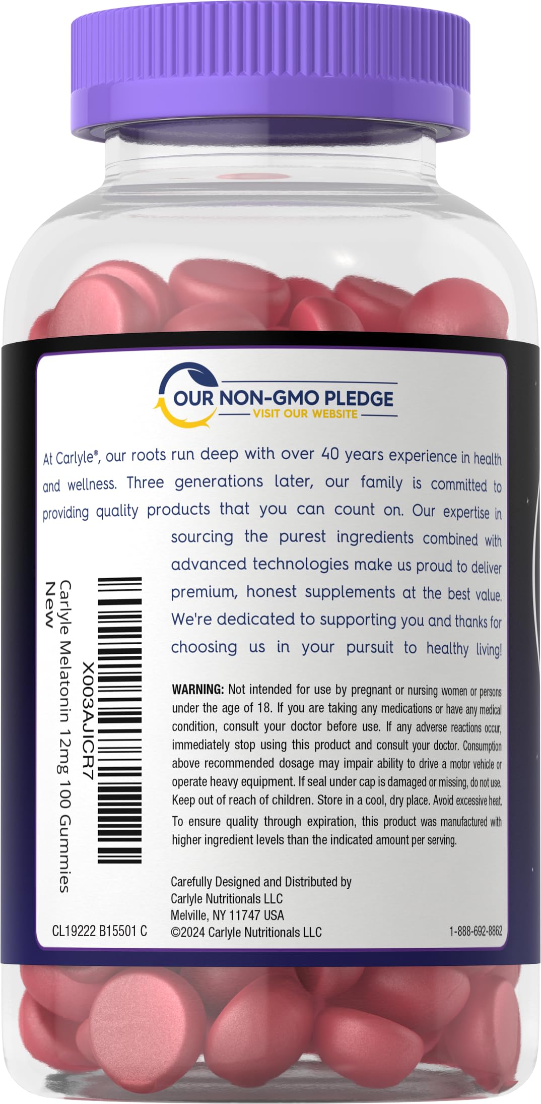 Gummies bottle with 12mg melatonin serving label