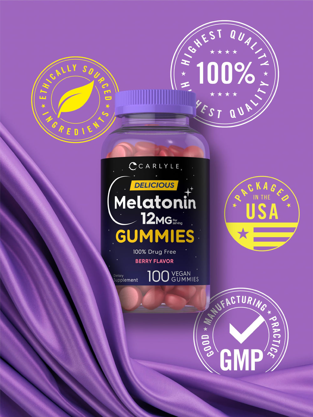 100-count Carlyle Melatonin Gummies bottle stacked