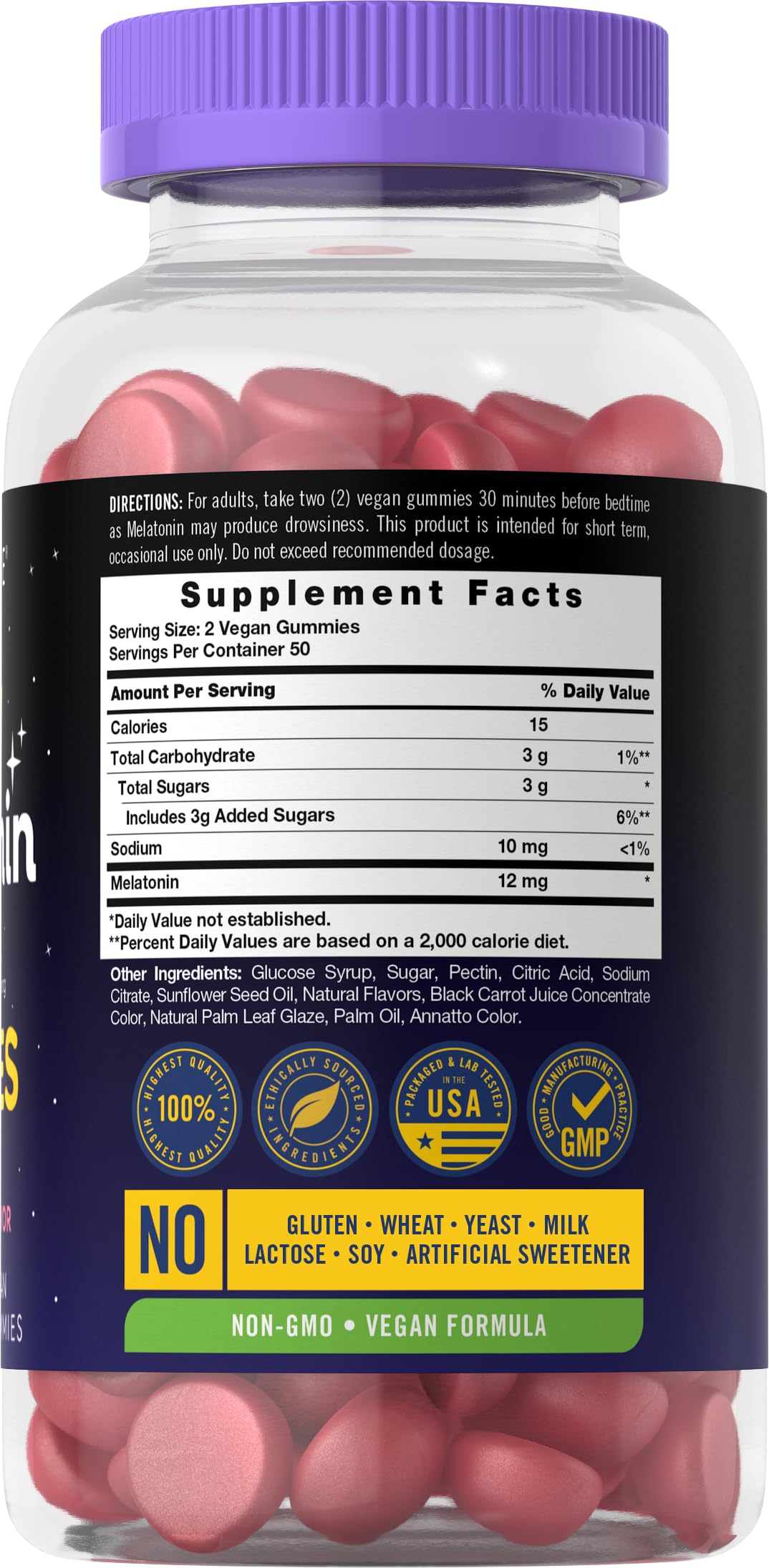 Carlyle Melatonin Gummies 12mg Berry flavor bottle back panel