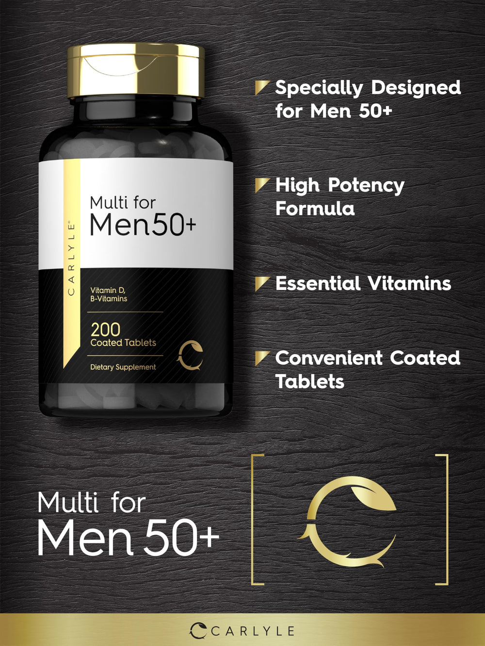 Non-GMO and gluten-free labeling on Carlyle Men 50+ multivitamin