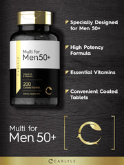 Non-GMO and gluten-free labeling on Carlyle Men 50+ multivitamin