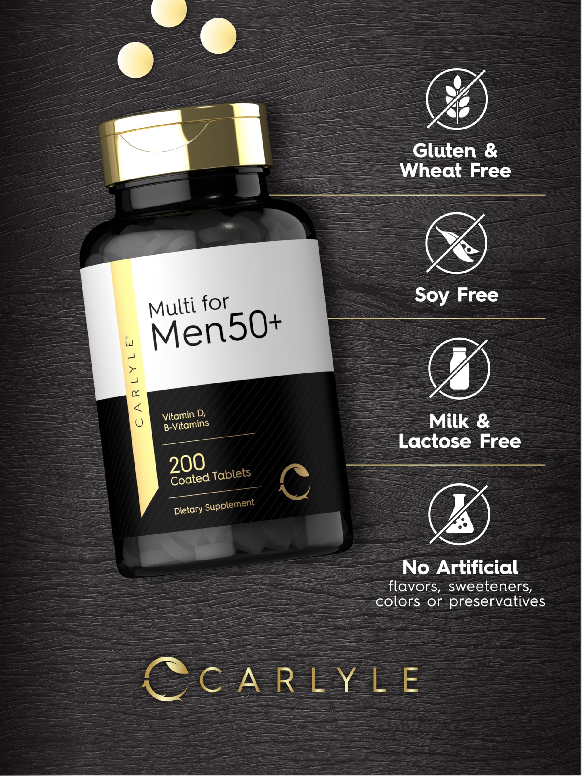 Front view of Carlyle logo on multivitamin bottle