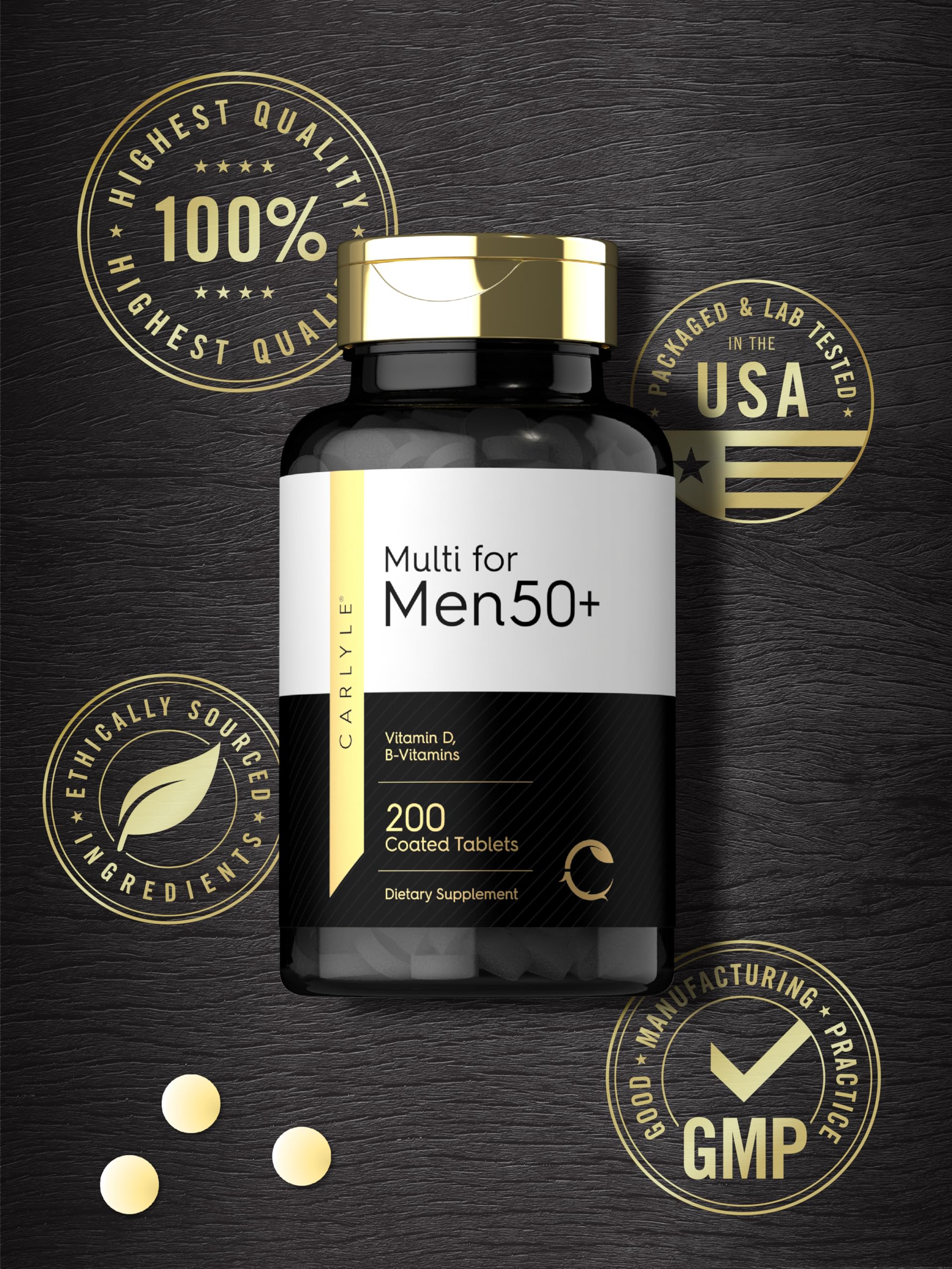 Back panel of Carlyle Men 50+ multivitamin bottle