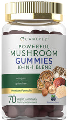 Bottle of Carlyle Mushroom Supplement Gummies with 70 vegan gummies