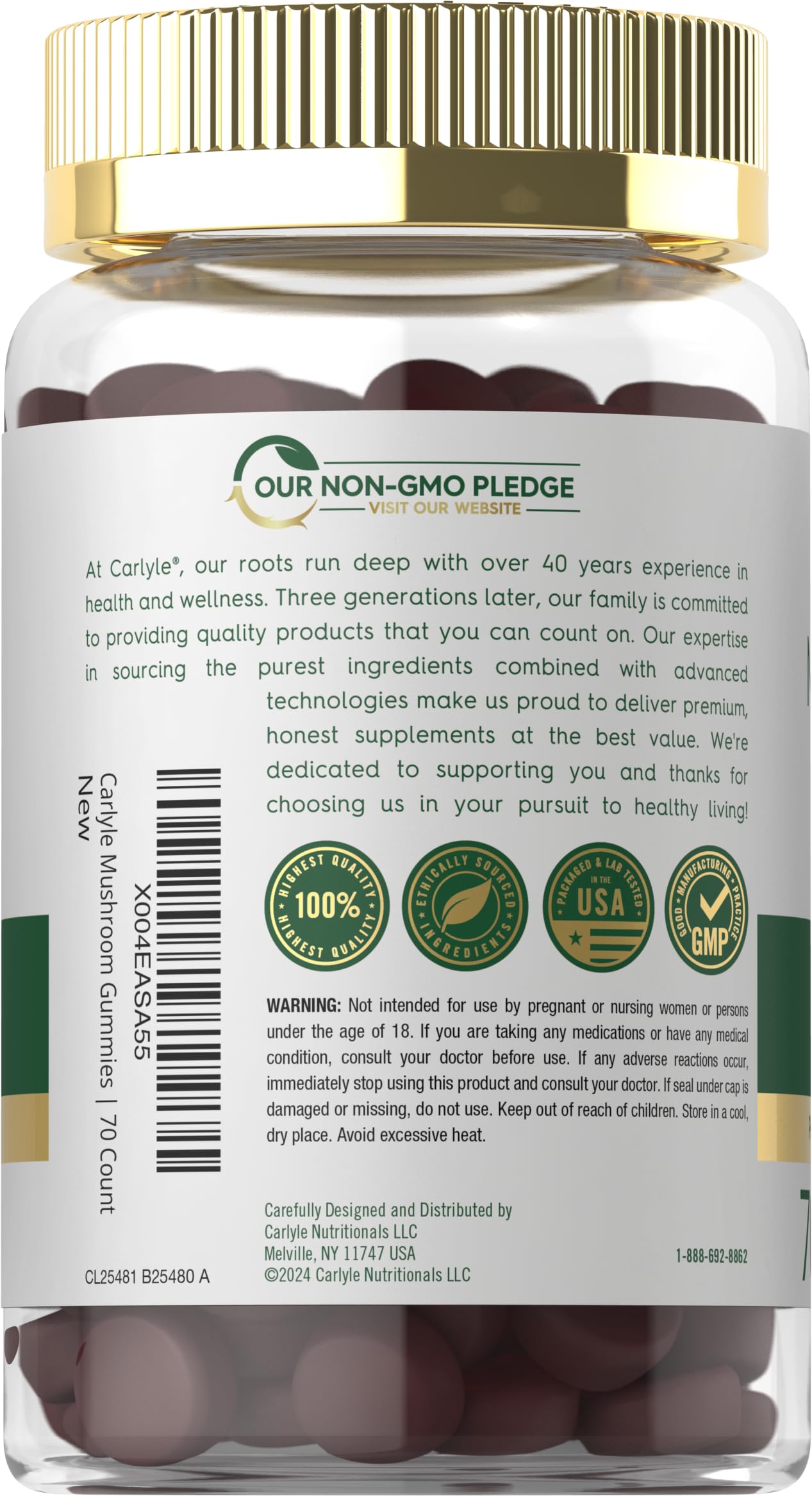 Front label showing Non-GMO and Gluten Free on Carlyle gummies