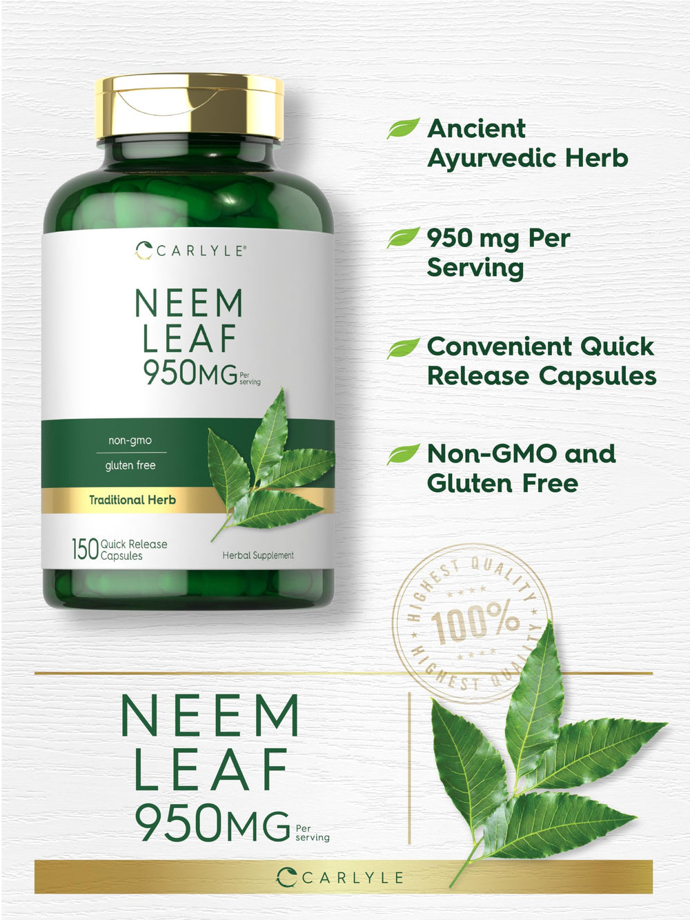 Non-GMO and gluten-free symbols for Neem Leaf supplement