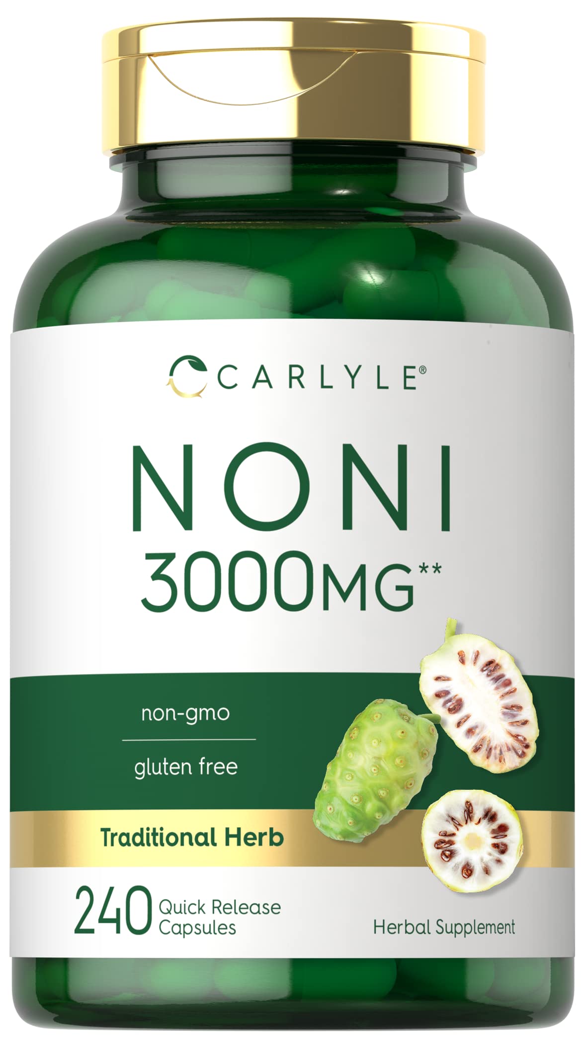 Front view of Carlyle Noni Capsules bottle labeled 3000mg, 240 count