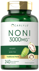Front view of Carlyle Noni Capsules bottle labeled 3000mg, 240 count