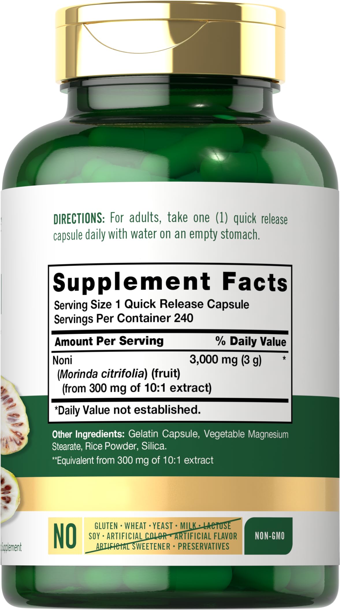 Close-up of Noni fruit extract capsules in quick-release form