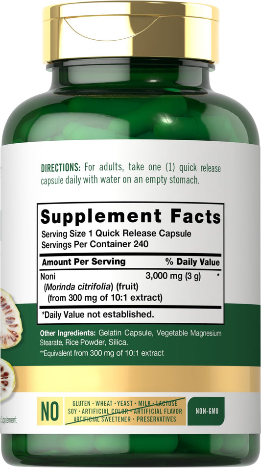 Close-up of Noni fruit extract capsules in quick-release form