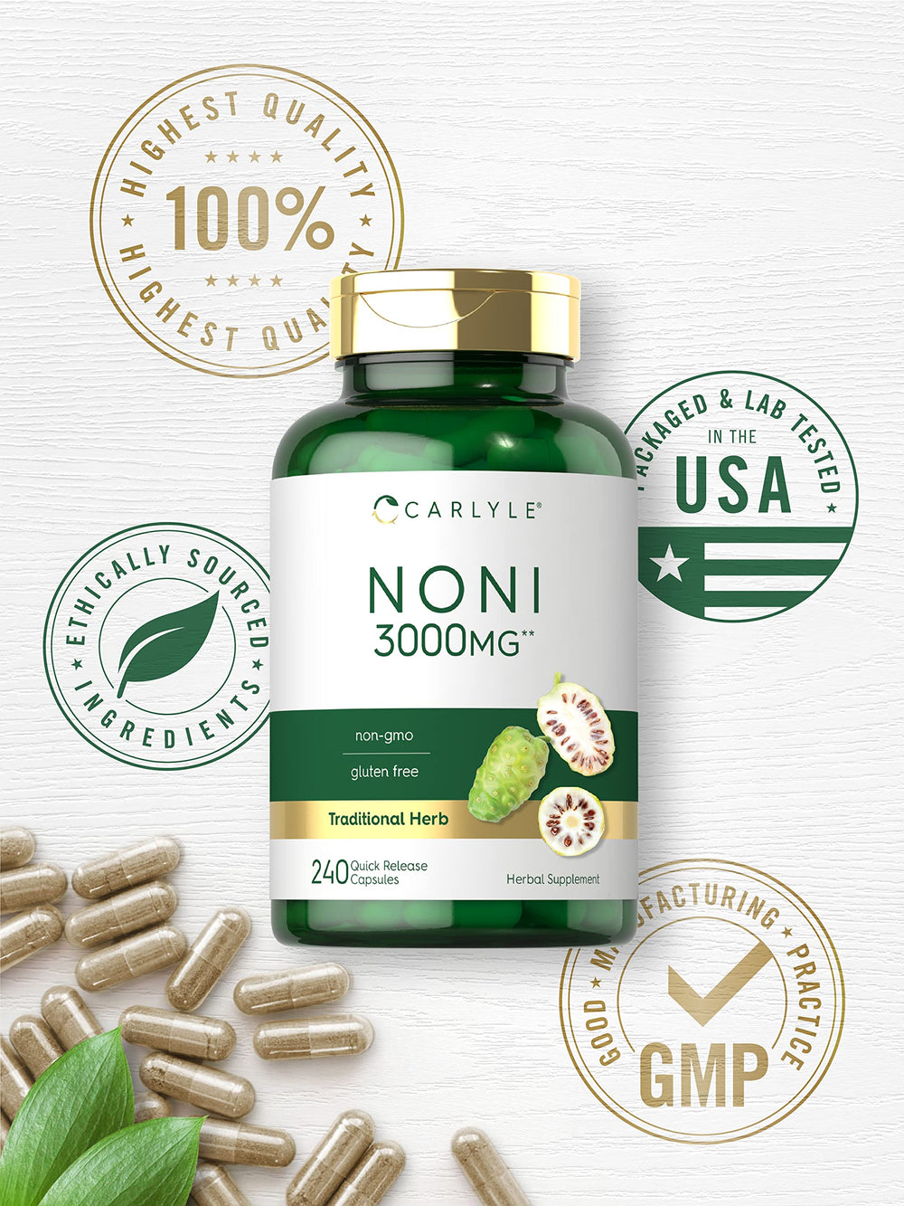 Individual Noni capsules beside Carlyle bottle