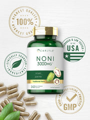 Individual Noni capsules beside Carlyle bottle