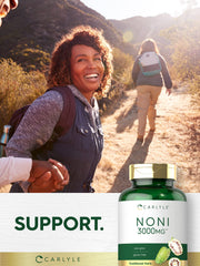 Graphic of Noni fruit and capsules highlighting Non-GMO and Gluten-Free