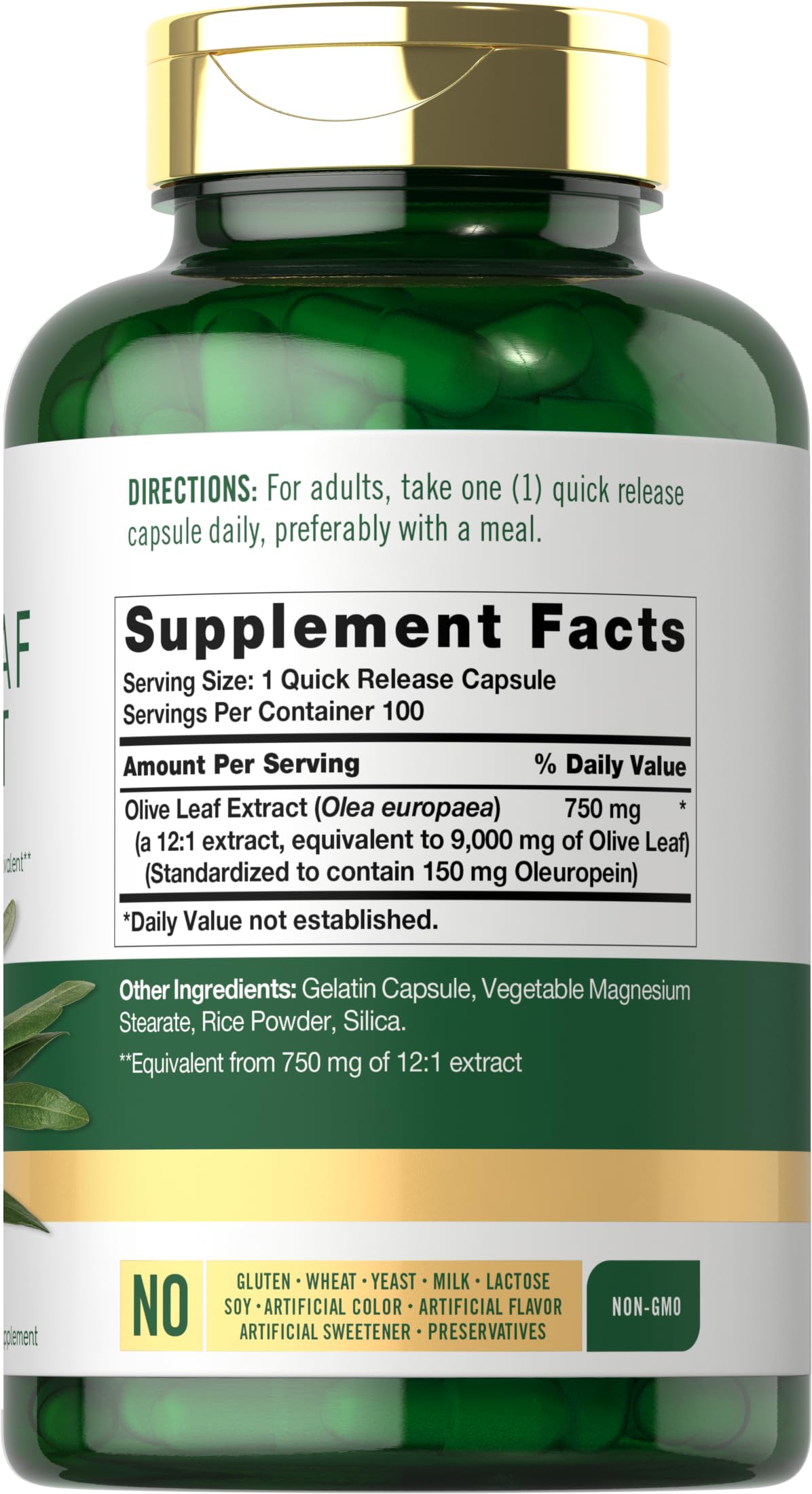 Close-up of Carlyle Olive Leaf Extract Capsules label