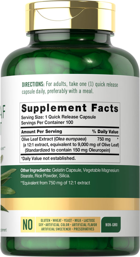 Close-up of Carlyle Olive Leaf Extract Capsules label
