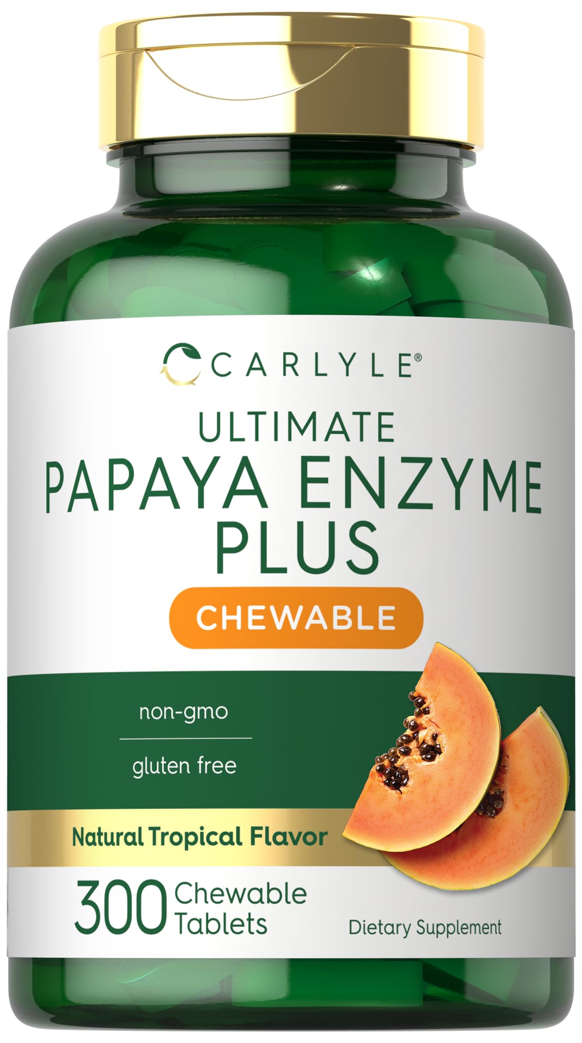 Carlyle Papaya Enzyme Chewable Tablets bottle with tropical flavor label