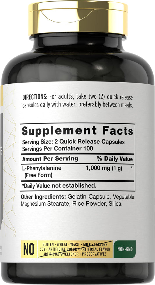 Close-up of Carlyle L-Phenylalanine 1000mg bottle label