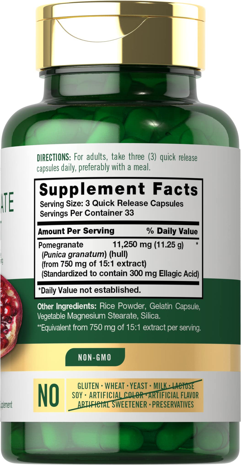 Pomegranate extract Ellagic Acid content 300mg per serving label