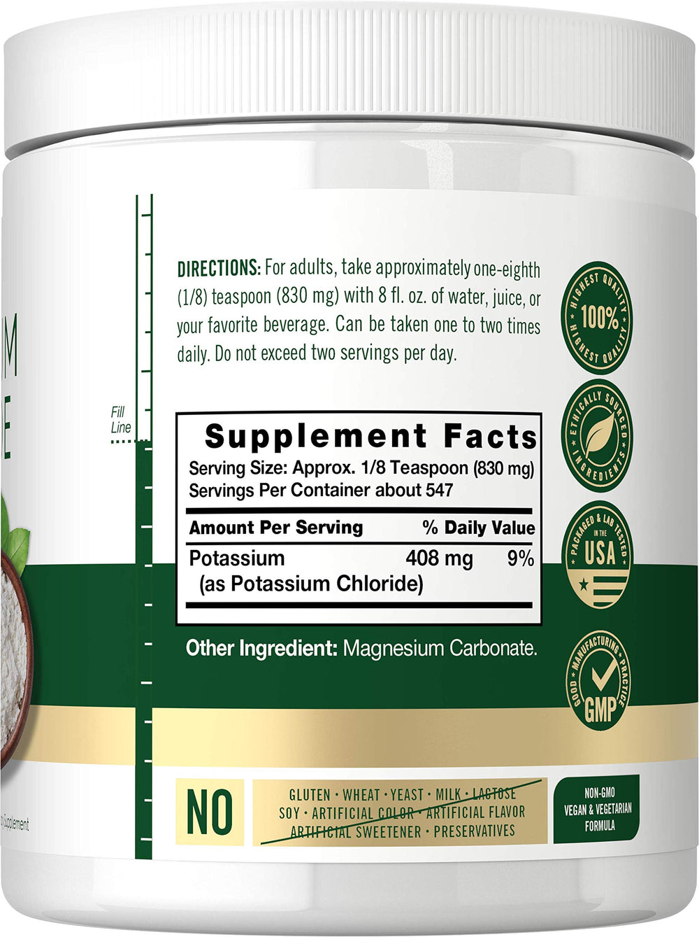 Carlyle Potassium Chloride Powder 16 oz label close-up