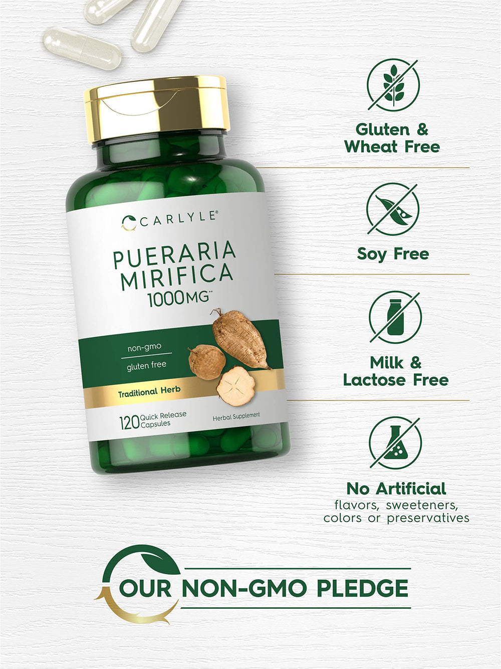 Close-up of Pueraria Mirifica root extract capsules