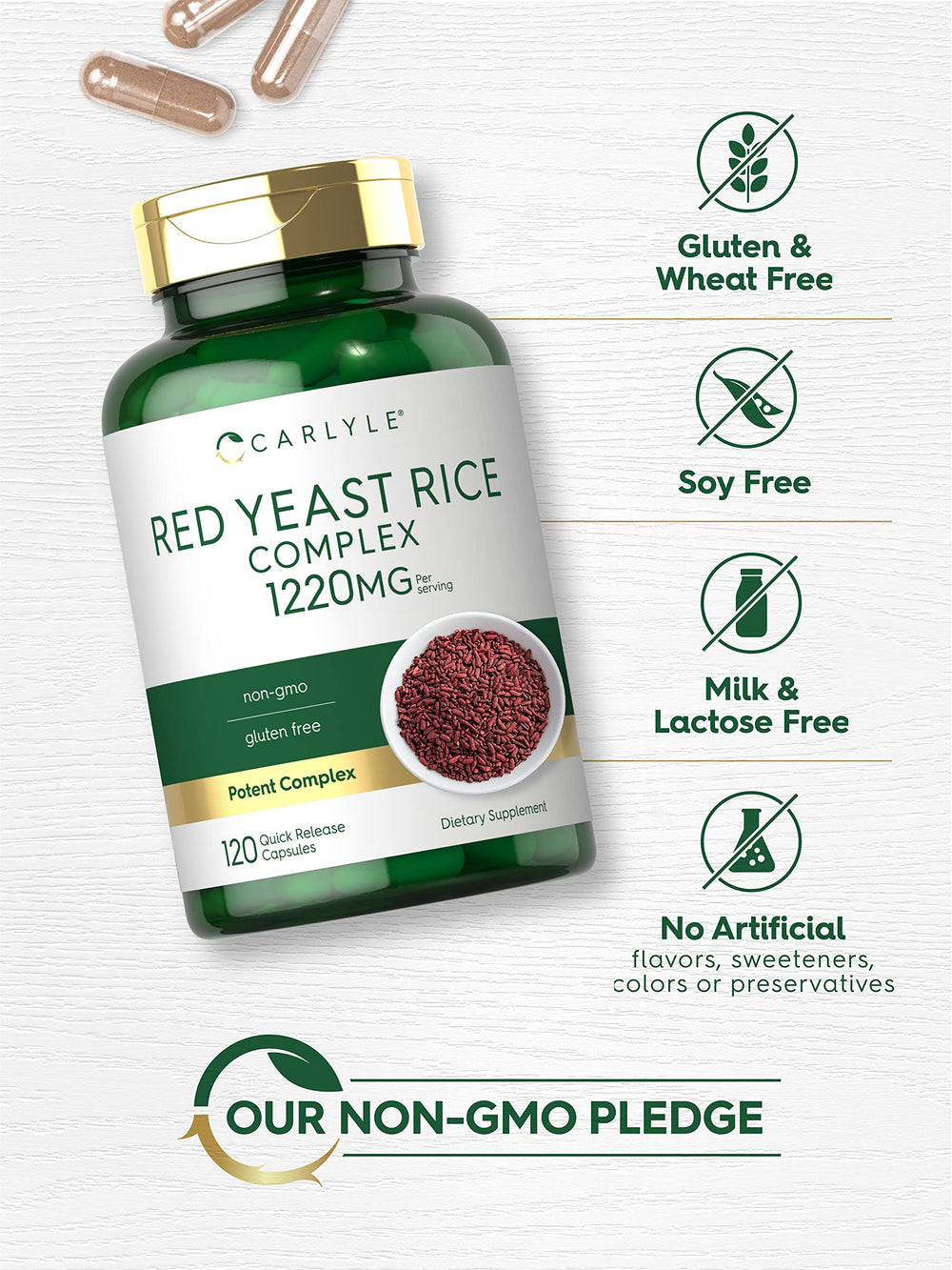 Ingredient list on Carlyle Red Yeast Rice Complex bottle label