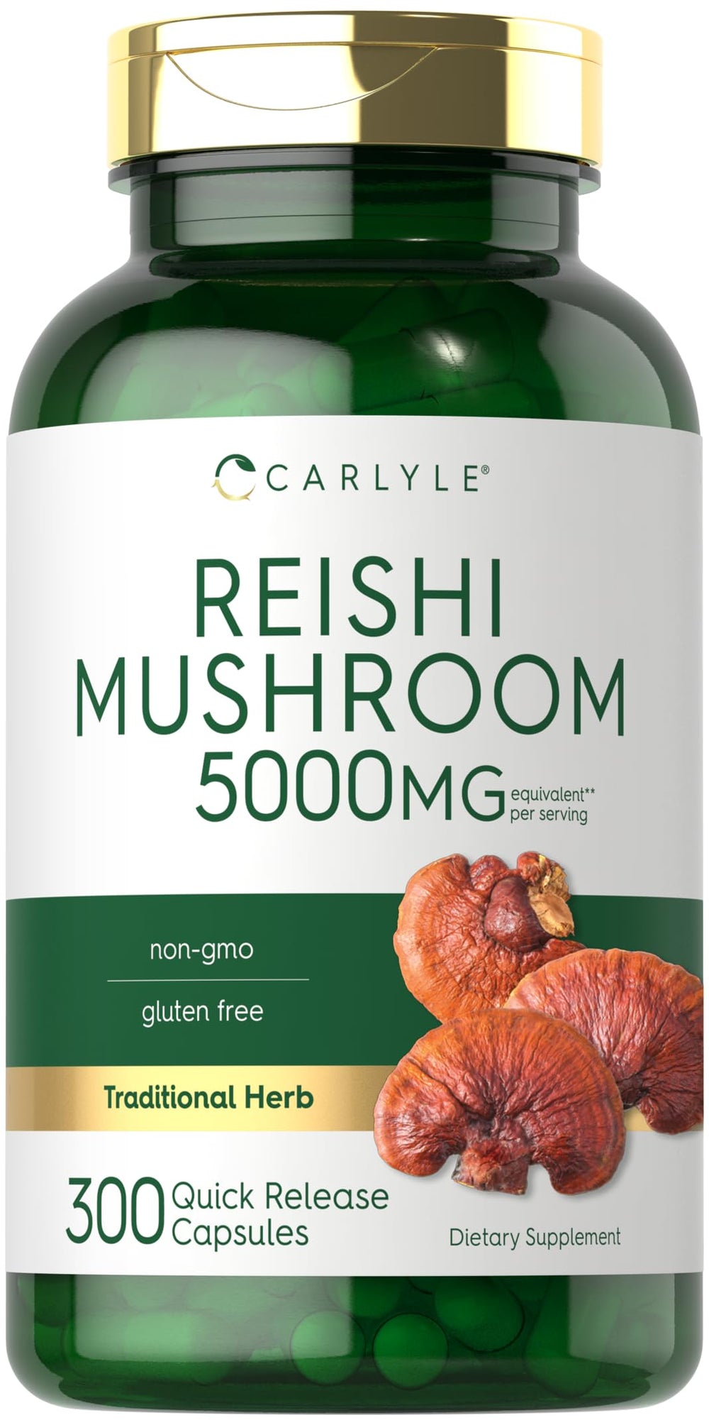 Carlyle Reishi Mushroom Supplement bottle with label – 5000mg per serving (300 capsules)