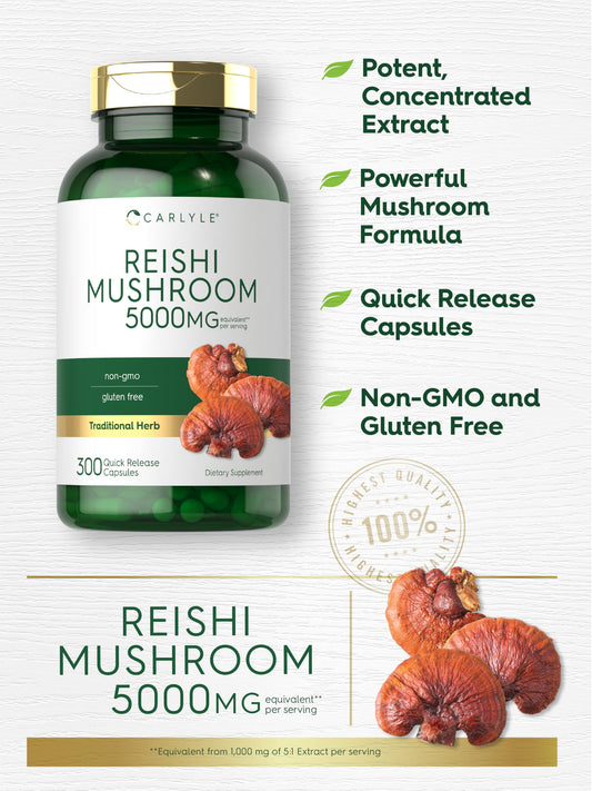 Close-up of Carlyle Reishi 5000mg capsules in bottle